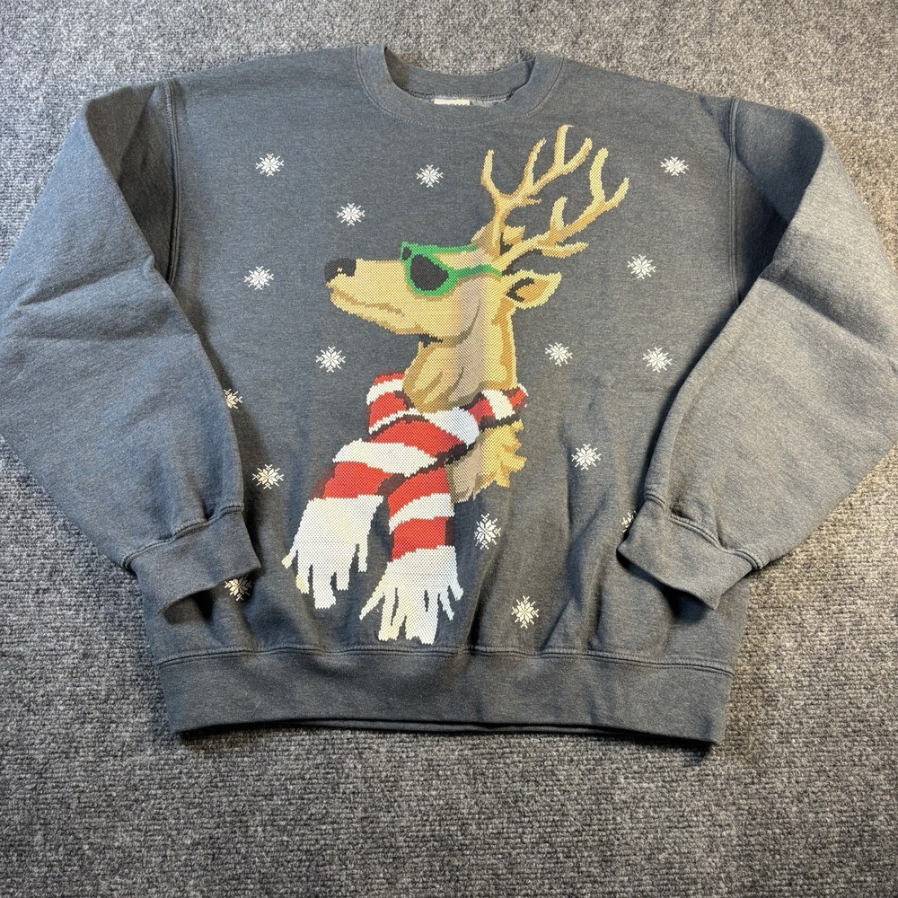 Gildan Sweatshirt Mens Medium Gray Reindeer Sunglasses Christmas Holiday Graphic